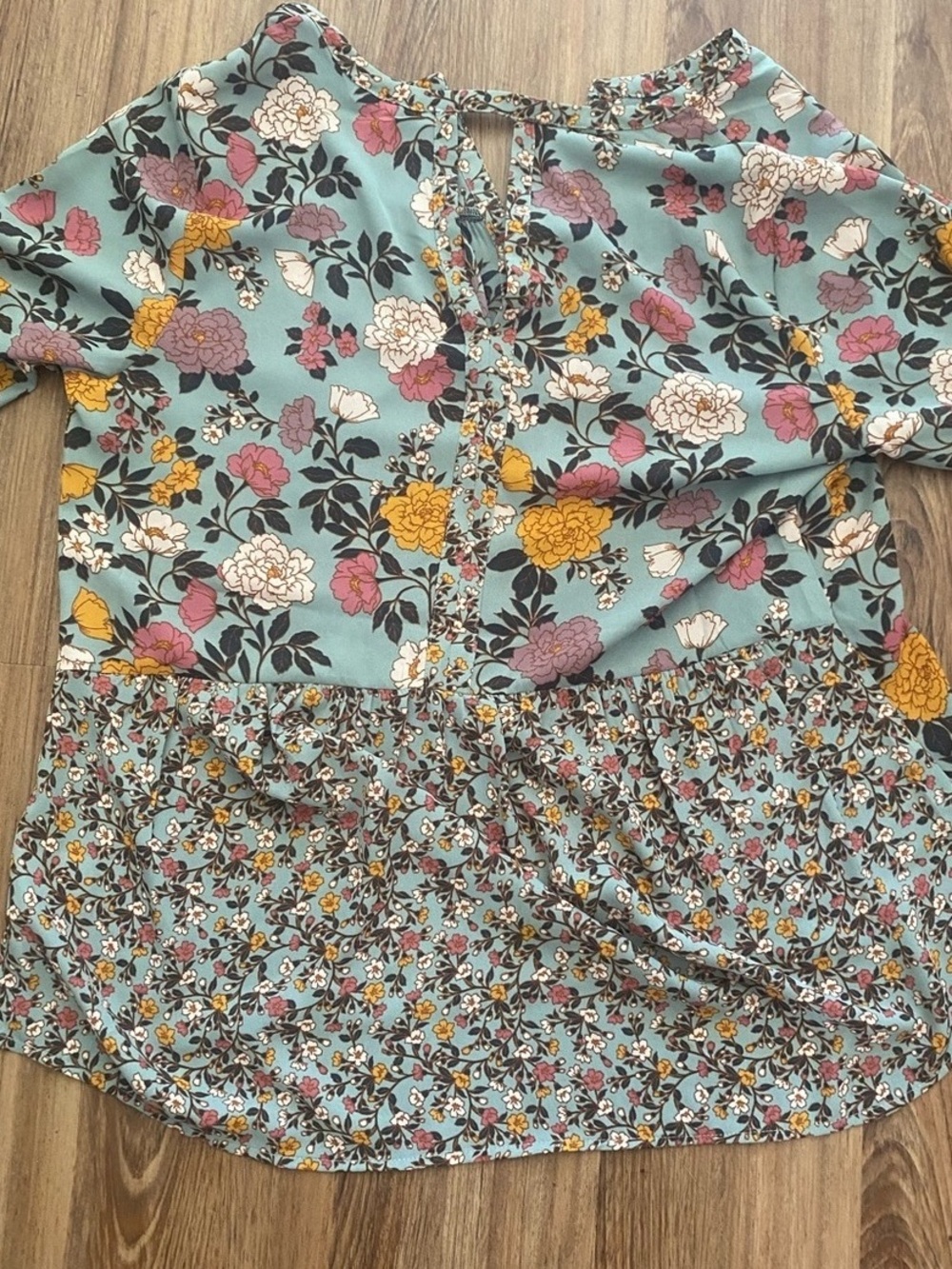 DR2 Girls' Dusty Teal Floral Smocked Peplum Top